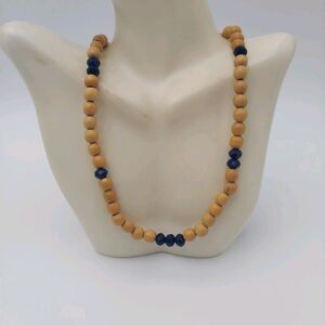 Tan Round Wood Bead Necklace W/ Blue Faceted Blue Beads 38"